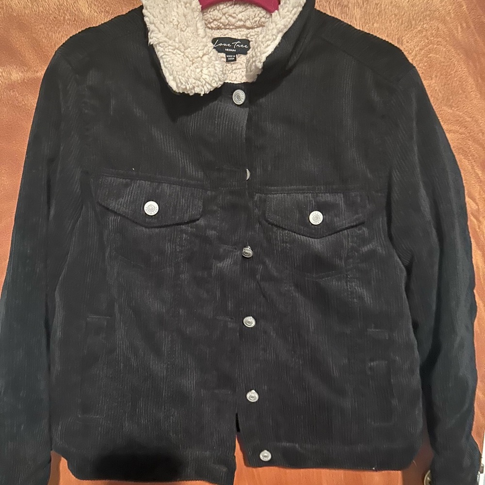 Love Tree Black Corduroy Jacket with Cream Sherpa Collar